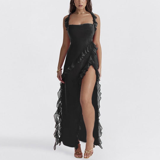 Women's Cascading Ruffle Slit Evening Gown