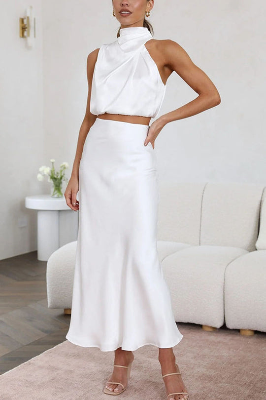 Women's Elegant Satin Halter Crop Top & Maxi Skirt Set