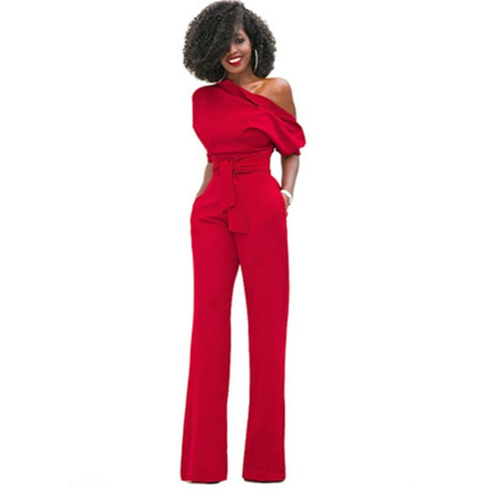 Women's One-Shoulder Belted Wide-Leg Jumpsuit