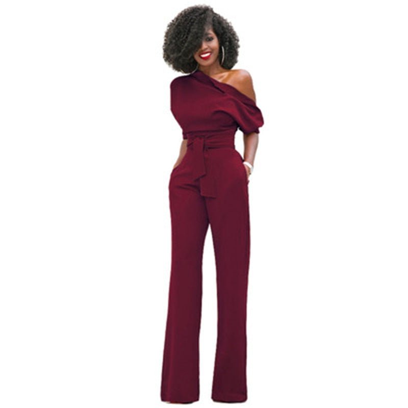 Women's One-Shoulder Belted Wide-Leg Jumpsuit