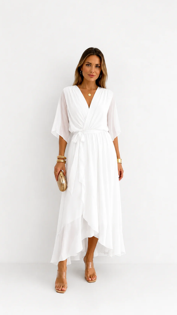 Women's V-Neck Tie Waist High Low Midi Dress