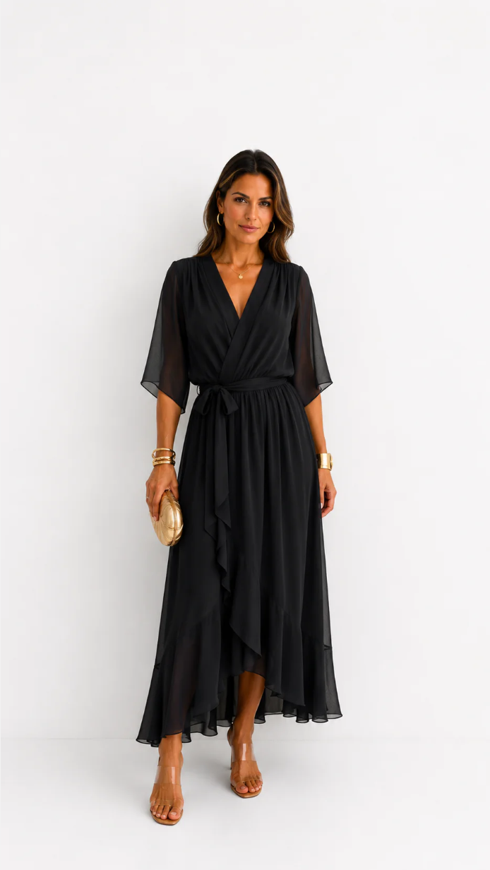 Women's V-Neck Tie Waist High Low Midi Dress