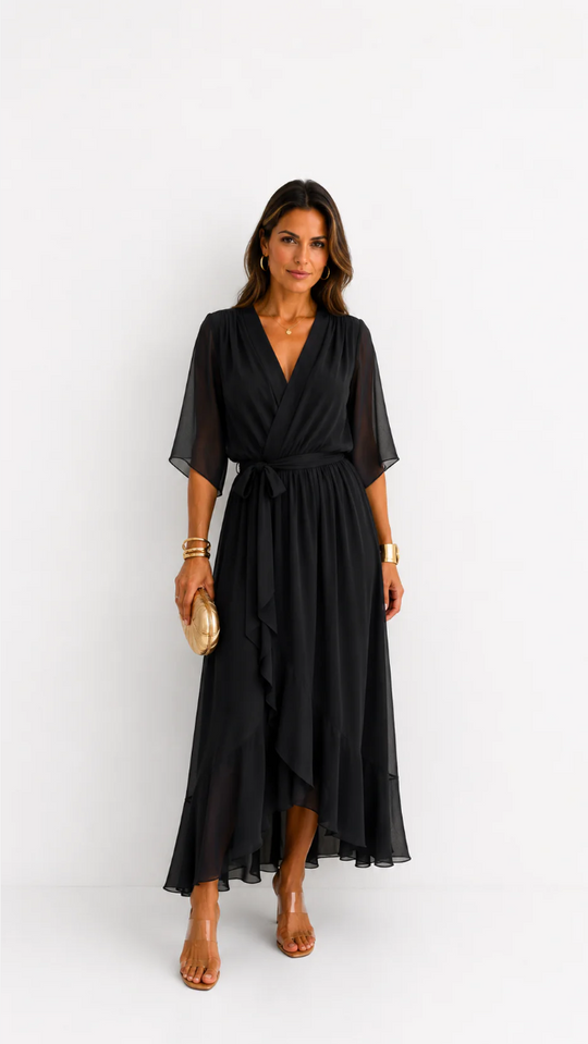 Women's V-Neck Tie Waist High Low Midi Dress