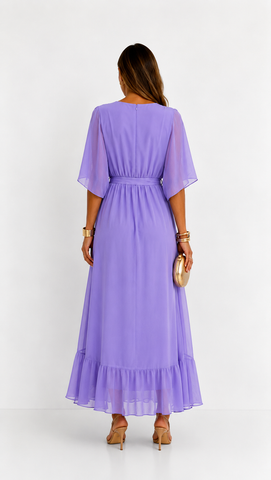 Women's V-Neck Tie Waist High Low Midi Dress
