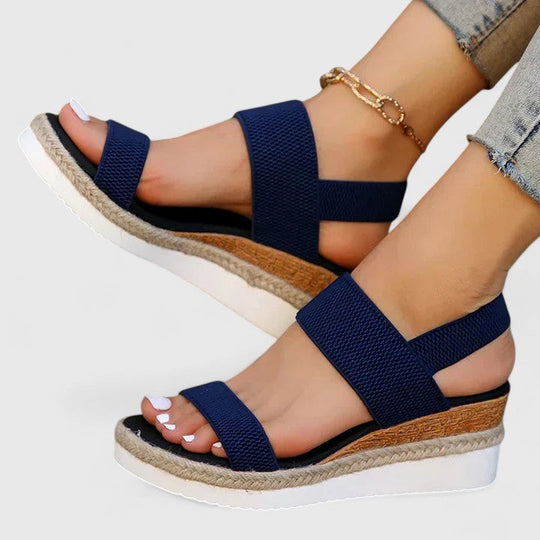 Damen Sandalen mit elastischem Riemen und Keilabsatz auf Plateau